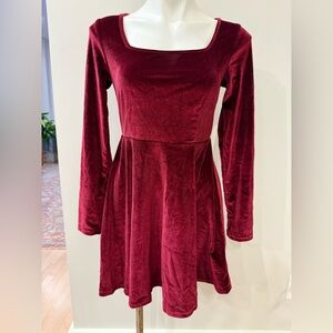 SHEIN Velvet Long Sleeve Dress in Deep Red
